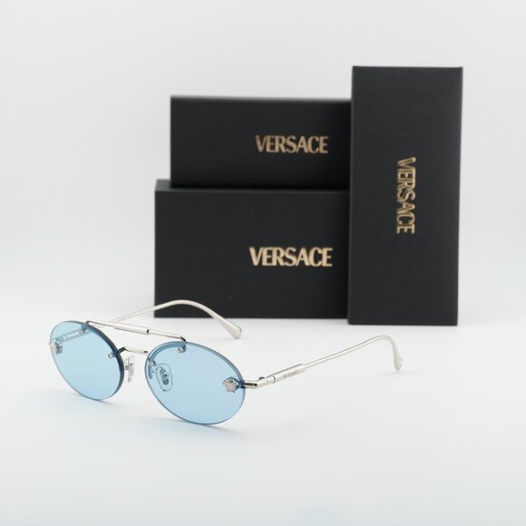 Versace VE2295 1000/1 Sunglasses Silver Oval Frame, Light Blue Lenses main image 7